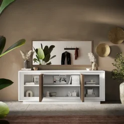 Madia 207x80h cm 4 ante moderna bianco opaco rovere scuro Deluxe