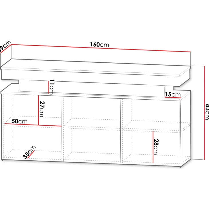Madia 160x83h cm 3 ante moderna con led bianco Lumus