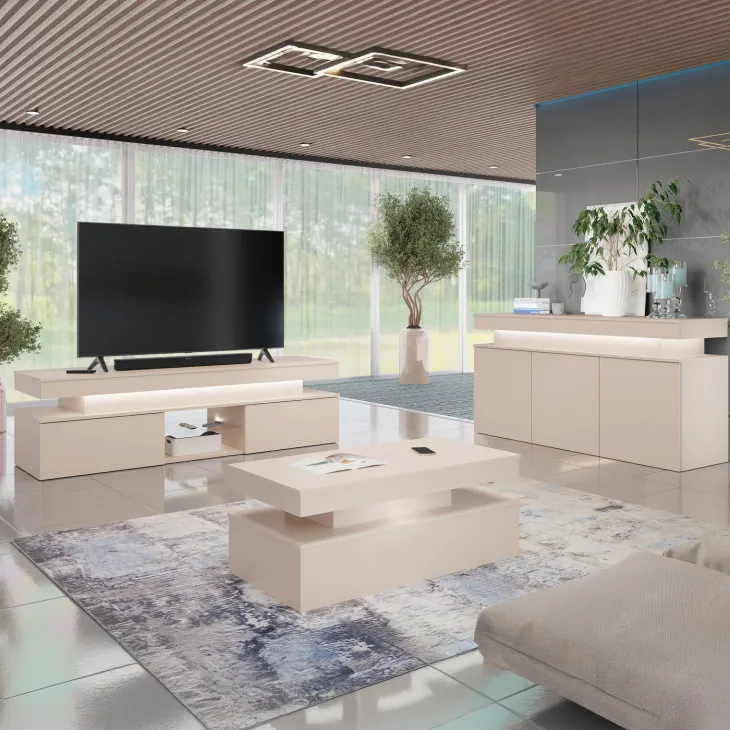 Madia 160x83h cm 3 ante moderna con led beige cashmere Lumus