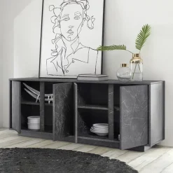 Madia 180x79h cm 4 ante moderna effetto marmo nero Viking