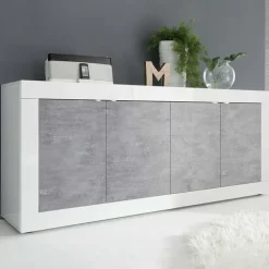 Madia 207x86h cm 4 ante moderna soggiorno bianco lucido cemento Eternity