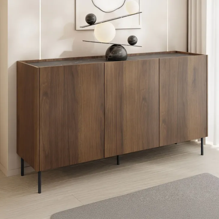 Madia 144x78h cm 3 ante 3 ripiani piano effetto marmo nero noce Caliva