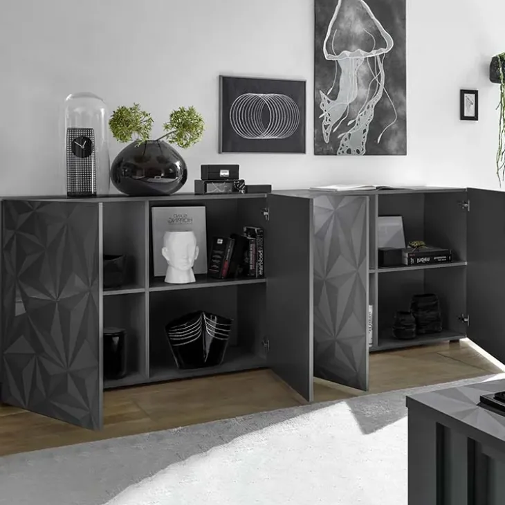 Madia 241x84h cm 4 ante soggiorno grigio con serigrafia Marvis