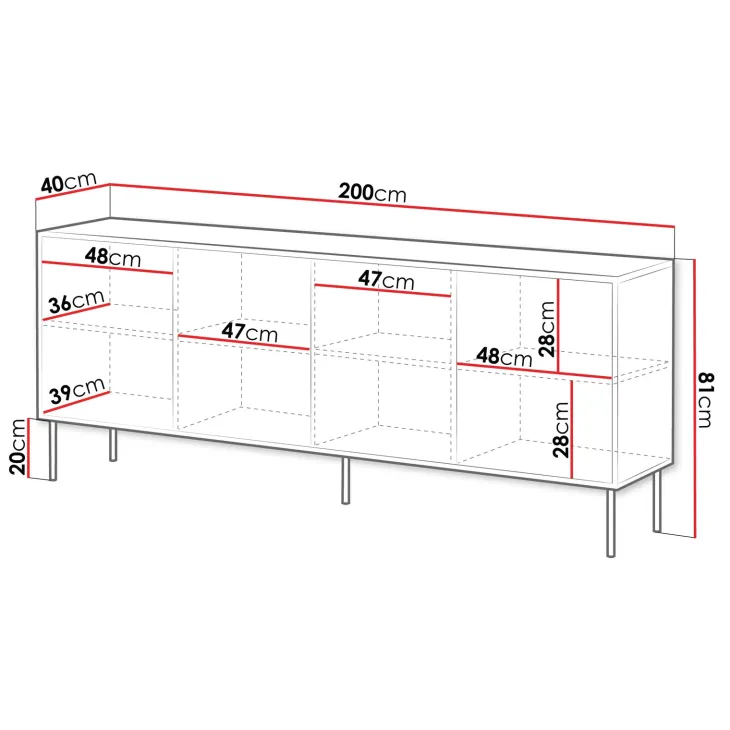 Madia 200x81h cm 4 ante soggiorno nero Wild