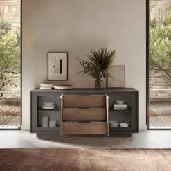 Madia 180x80h cm 3 cassetti 2 ante moderna antracite rovere scuro Deluxe
