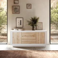 Madia 180x80h cm 3 cassetti 2 ante moderna bianco opaco rovere chiaro Deluxe