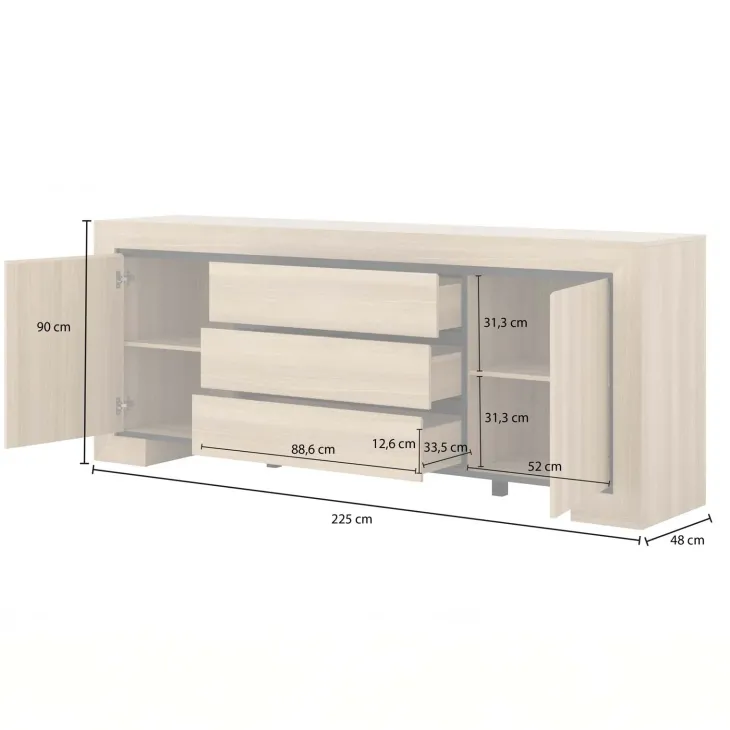 Madia 225x90h cm 3 cassetti 2 ante rovere Écarté