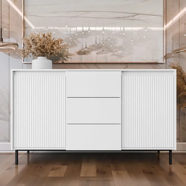 Madia 153x90h cm 3 cassetti design cannettato bianco Strike