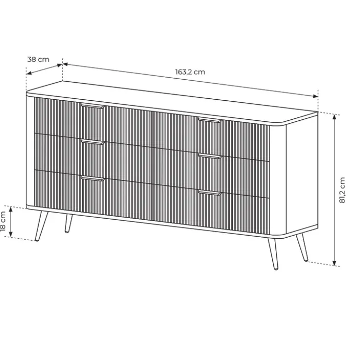Madia 163x81h cm 6 cassetti moderna nero opaco cannettato Ramis