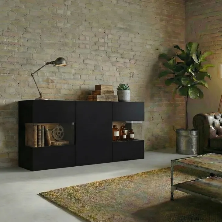 Madia 120x62h cm con vetrinetta moderna nero rovere Fusion