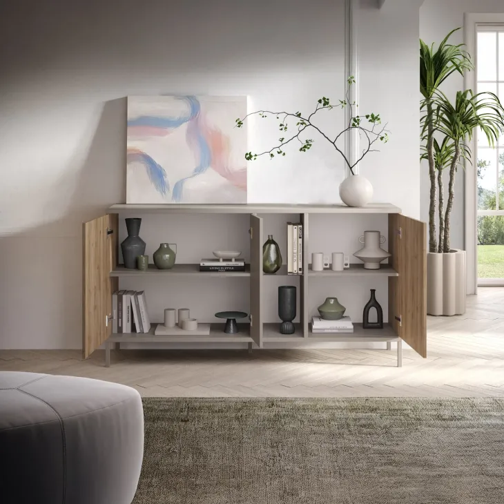Madia 160x86h cm moderna 3 ante 2 vani soggiorno rovere chiaro beige Silka