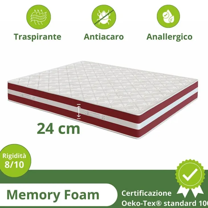 Materasso matrimoniale 180x200cm doppio strato memory antiacaro H. 24cm Superior Memory