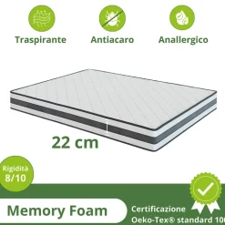 Materasso matrimoniale 180x200cm memory antiacaro H. 22cm Memory Deluxe