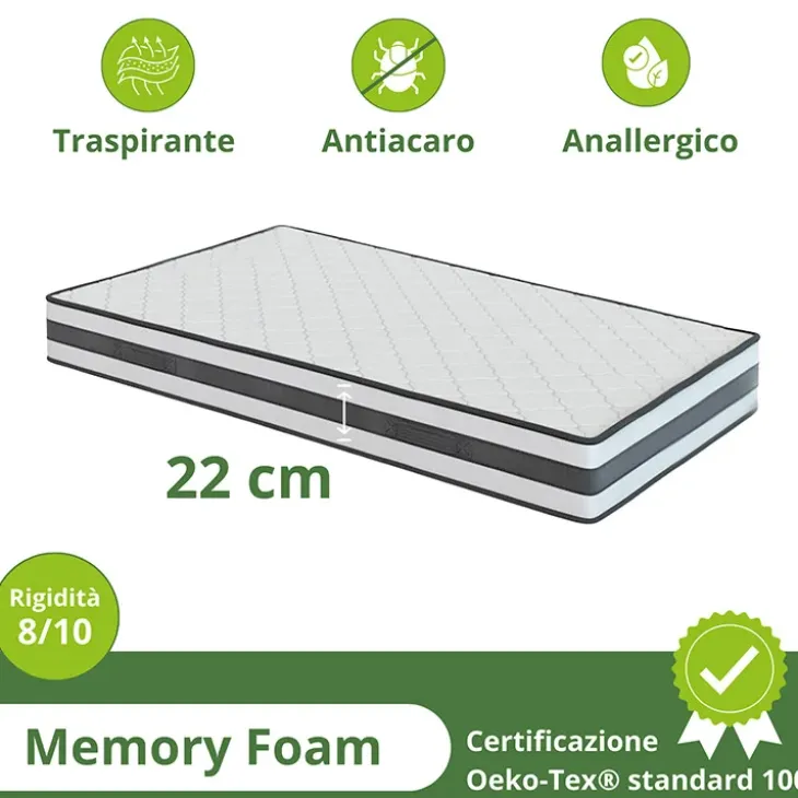 Materasso singolo 90x200cm memory antiacaro H. 22cm Memory Deluxe