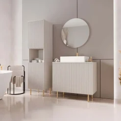 Mobile bagno a terra cannettato 87 cm con colonna a 2 ante e specchio beige cashmere Nuria