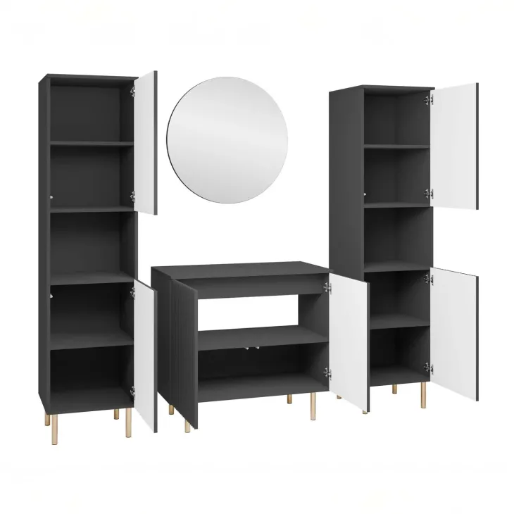 Mobile bagno a terra cannettato 87 cm con 2 colonne a terra, specchio nero Nuria