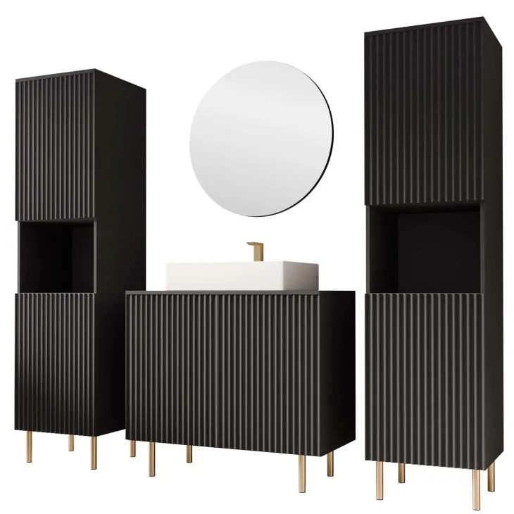 Mobile bagno a terra cannettato 87 cm con 2 colonne a terra, specchio nero Nuria