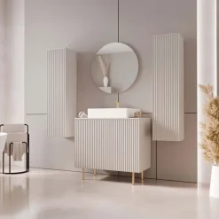 Mobile bagno a terra cannettato 87 cm con 2 colonne sospese e specchio beige cashmere Nuria