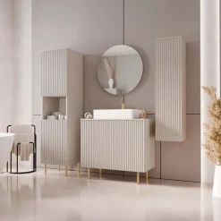 Mobile bagno a terra cannettato 87 cm con colonna sospesa e a terra, specchio beige cashmere Nuria