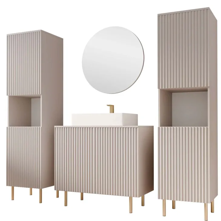 Mobile bagno a terra cannettato 87 cm con 2 colonne a terra, specchio beige cashmere Nuria