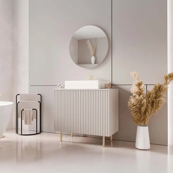 Mobile bagno a terra cannettato 87 cm con specchio 2 ante beige cashmere Nuria