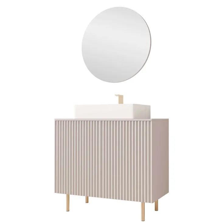 Mobile bagno a terra cannettato 87 cm con specchio 2 ante beige cashmere Nuria