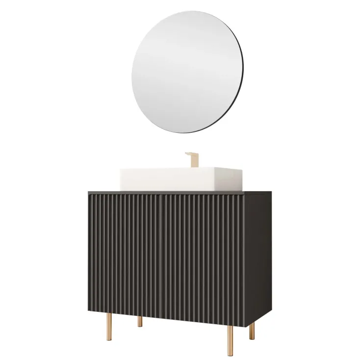 Mobile bagno a terra cannettato 87 cm con specchio 2 ante nero Nuria