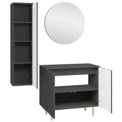 Mobile bagno a terra cannettato 87 cm con colonna sospesa e specchio nero Nuria