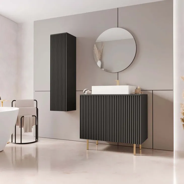 Mobile bagno a terra cannettato 87 cm con colonna sospesa e specchio nero Nuria