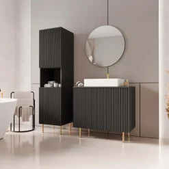 Mobile bagno a terra cannettato 87 cm con colonna a 2 ante e specchio nero Nuria