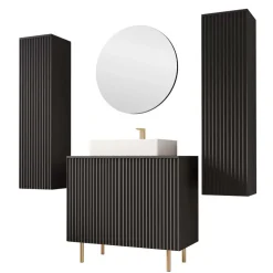 Mobile bagno a terra cannettato 87 cm con 2 colonne sospese e specchio nero Nuria