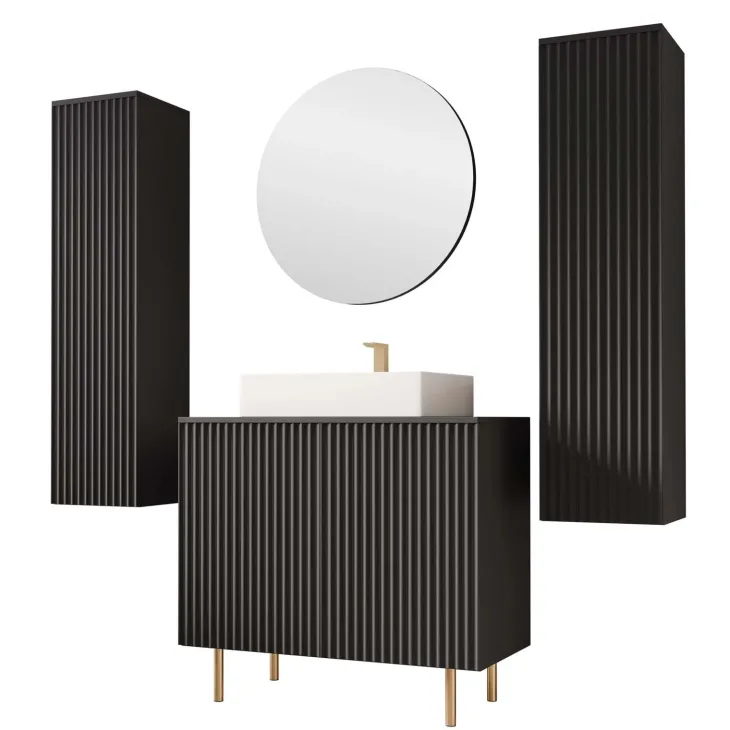 Mobile bagno a terra cannettato 87 cm con 2 colonne sospese e specchio nero Nuria