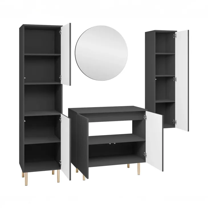 Mobile bagno a terra cannettato 87 cm con colonna sospesa e a terra, specchio nero Nuria