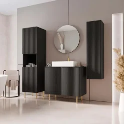 Mobile bagno a terra cannettato 87 cm con colonna sospesa e a terra, specchio nero Nuria