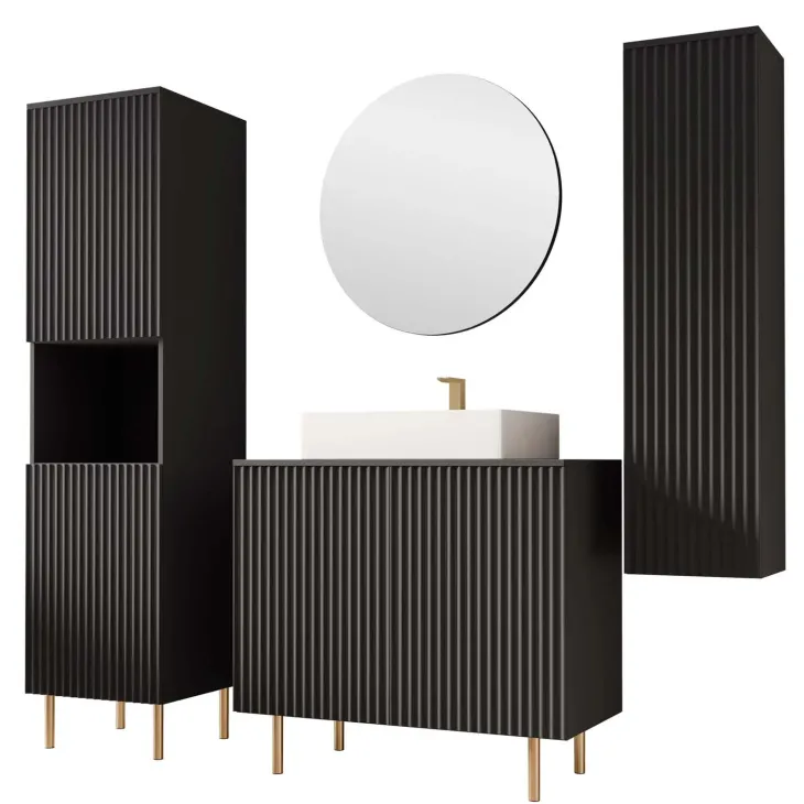 Mobile bagno a terra cannettato 87 cm con colonna sospesa e a terra, specchio nero Nuria
