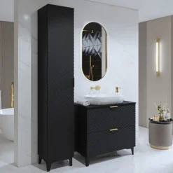 Mobile bagno a terra 81cm con colonna nero frontali decorati Konny