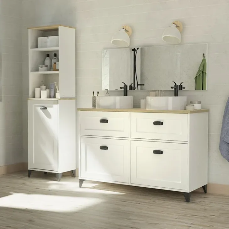 Mobile bagno a terra 120cm con doppio lavabo 2 ante 2 cassetti bianco rovere Ilias