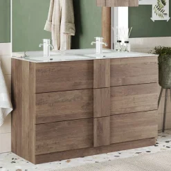 Mobile bagno a terra 120cm con doppio lavabo 3 cassetti rovere scuro Alvarez