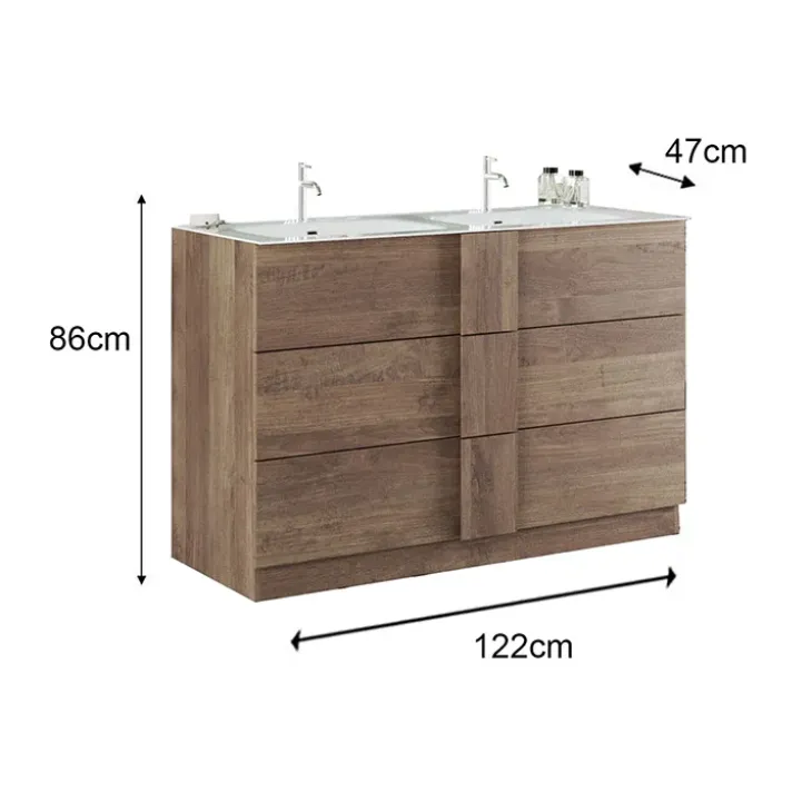 Mobile bagno a terra 120cm con doppio lavabo 3 cassetti rovere scuro Alvarez