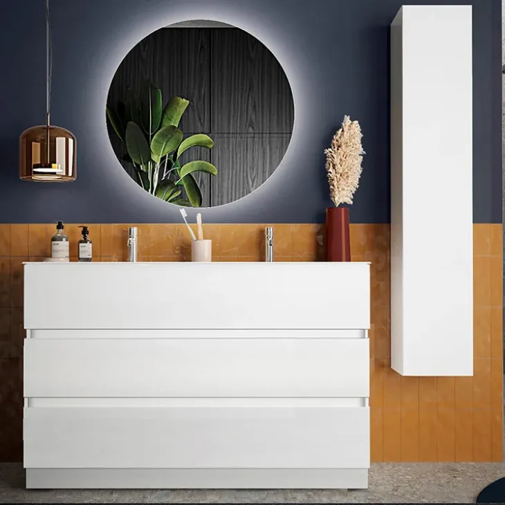 Mobile bagno a terra 122cm con doppio lavabo e specchio bianco lucido Moon