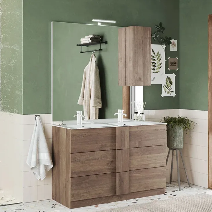 Mobile bagno a terra 120cm con doppio lavabo e specchio rovere scuro Alvarez