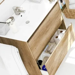 Mobile bagno a terra 80cm con lavabo e specchio rovere nordik Eveline