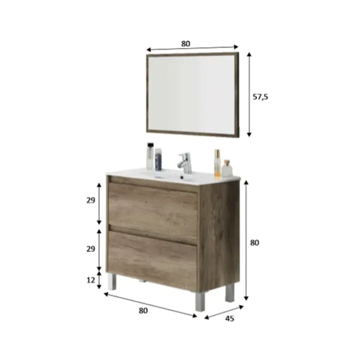 Mobile bagno a terra 80cm con lavabo e specchio rovere nordik Eveline