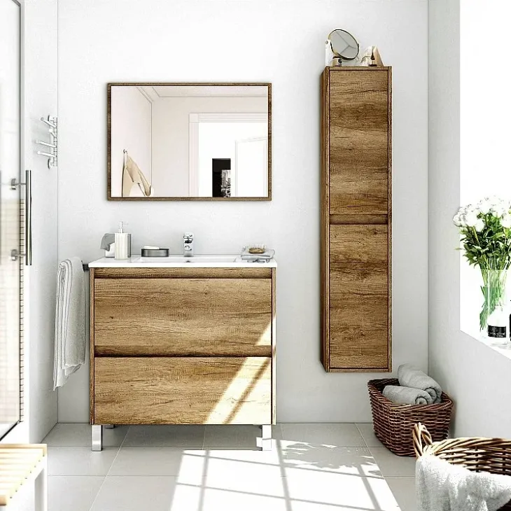 Mobile bagno a terra 80cm con lavabo e specchio rovere nordik Eveline
