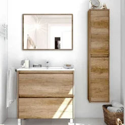 Mobile bagno a terra 80cm con lavabo e specchio rovere nordik Eveline