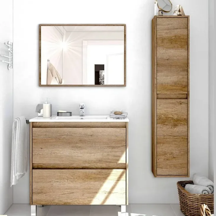 Mobile bagno a terra 80cm con lavabo e specchio rovere nordik Eveline