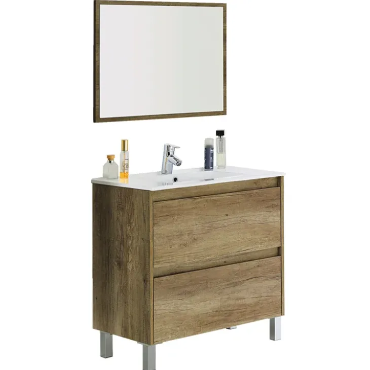 Mobile bagno a terra 80cm con lavabo e specchio rovere nordik Eveline