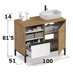 Mobile bagno a terra 100cm con lavabo 1 anta 1 cassetto rovere bianco Jasmund