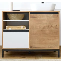 Mobile bagno a terra 100cm con lavabo 1 anta 1 cassetto rovere bianco Jasmund