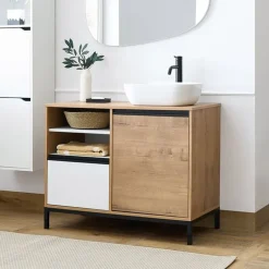 Mobile bagno a terra 100cm con lavabo 1 anta 1 cassetto rovere bianco Jasmund